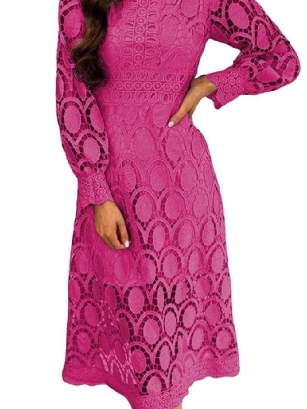 Women’s Fuchsia Lace Midi Dress - Elegant Long Sleeve